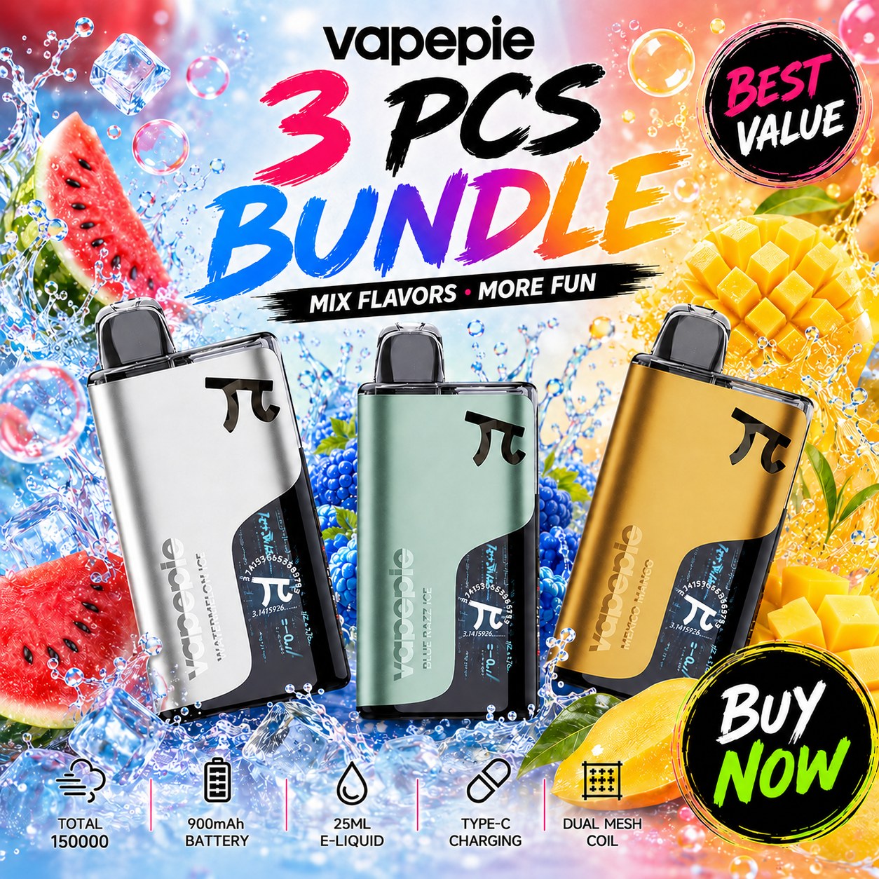 🏆 Choose 3 flavors ☛VAPEPIE 50000 PUFFS